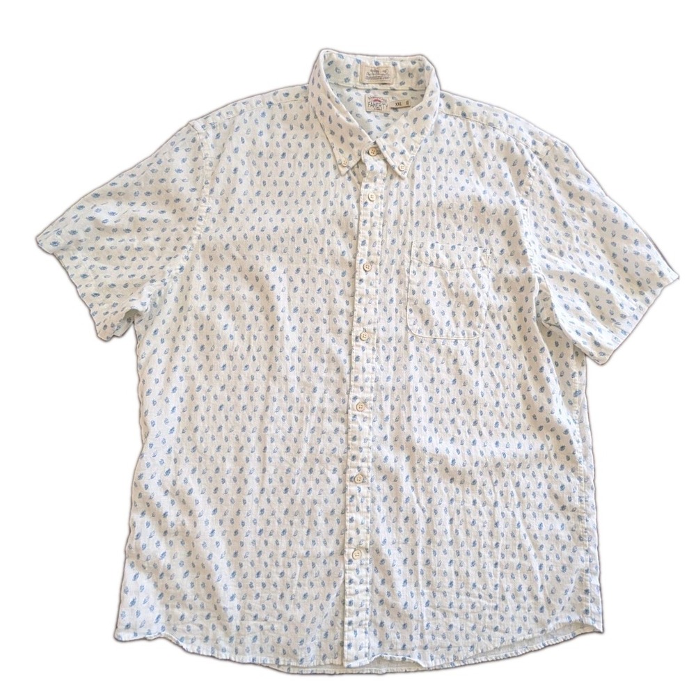 Faherty Brand Breeze Shirt Mens XXL Blue Feather Printed Linen Tencel S/S EUC